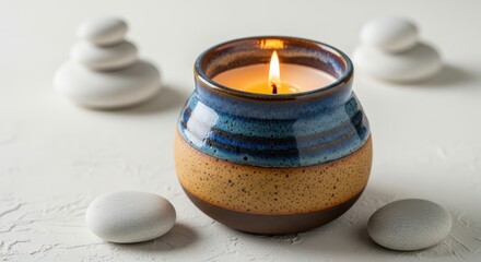 Serene ceramic candle burning with smooth stones and stacked pebbles