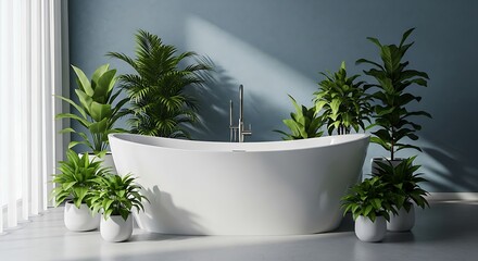 White bathtub with green plants and blue wall in a bright room bathroom interior