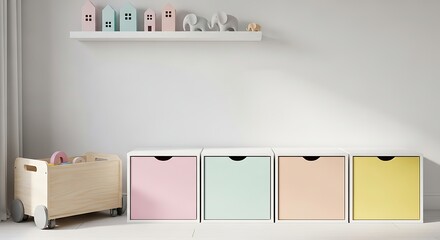 Wooden Toy Cart and Pastel Storage Drawers in a Bright Room Keywords: playroom, nursery, toys, storage