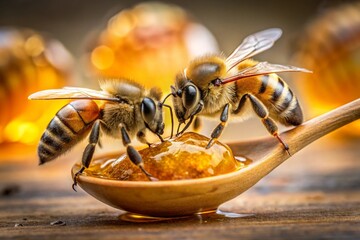 Naklejka premium Close Up of Two Honey Bees Drinking Honey from Wooden Spoon