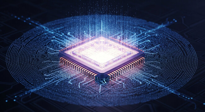 A futuristic glowing microprocessor chip sending out streams of digital data on a dark circuit background.