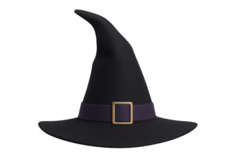 Classic black witch hat with golden buckle isolated on transparent background, Halloween