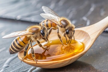 Naklejka premium Close Up of Two Honey Bees Drinking Honey from Wooden Spoon