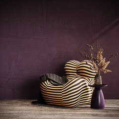 Modern interior design. Armchair with dry plant decoration on purple concrete wall with copy space. 3D Rendering, 3D Illustration	
