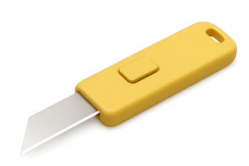 Yellow utility knife with sharp blade isolated on clean transparent background