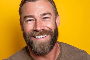 Smiling man with a beard against a vibrant yellow background, radiating joy and positivity, perfect for uplifting and humorous content, moment of happiness and lightheartedness, ideal for humor