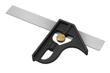 Metal combination square tool isolated on transparent background, measuring device
