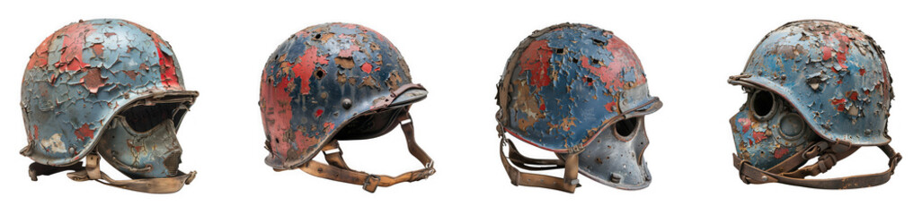 Fototapeta premium Collection of four vintage, distressed, and weathered military helmets with red and blue paint splatters, isolated on transparent background