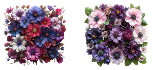 Beautiful bouquet of purple and pink flowers isolated on transparent background