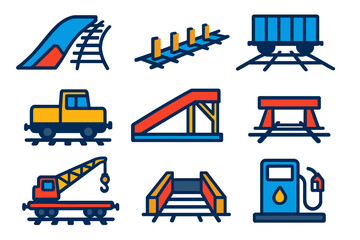 Modern Rail Yard Icons. Flat vector icons of rail yard equipment: hump yard, retarders, classification track, railcar mover,