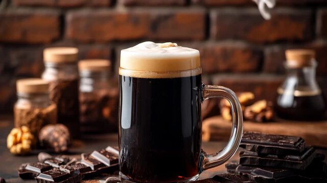 Rich, dark liquid being poured into beer mug, creating creamy foam top, surrounded by broken chocolate bars and cocoa powder, suggesting unique, chocolate-flavored stout or dessert drink