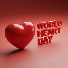 Red heart symbol and world heart day text on red background for health awareness