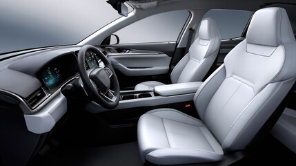 Fototapeta premium Modern Electric Car Interior with Futuristic Dashboard and Sleek White Leather Seats