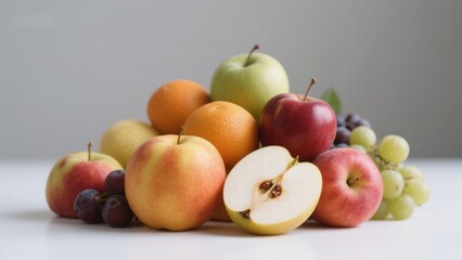 A variety of fresh fruits including apples, pears, oranges, grapes, and plums arranged on a white surface.