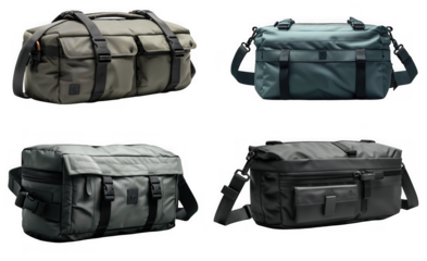 Collection of four stylish duffel bags in various colors and camouflage patterns, isolated on transparent background