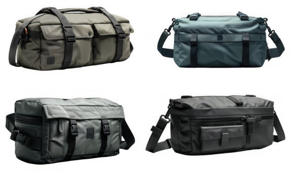 Collection of four stylish duffel bags in various colors and camouflage patterns, isolated on transparent background