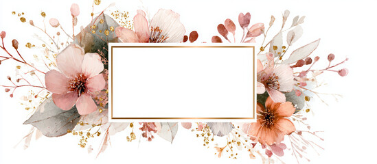 Watercolor floral frame composition featuring elegant pink and gold botanical elements, creating a romantic border for wedding invitations or decorative designs