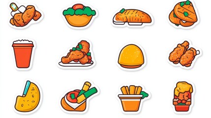 Cute Cartoon Food Stickers Chicken Wings, Salad, Burger, Fries , Stickers , Cartoon