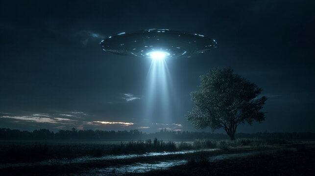 Unidentified flying object emitting bright light over a field in the night