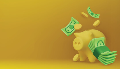 Finance concept illustration with piggy bank, coins, and banknotes, ideal for investment, saving money, and personal financial planning.