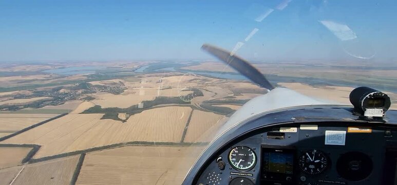 Student Pilot Flying Over Flat Landscape Near The Danube River Romania &ndash; Cockpit Aerial VFR View
