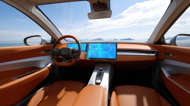 Futuristic Electric Car Interior with Ocean View and Smart Dashboard Technology
