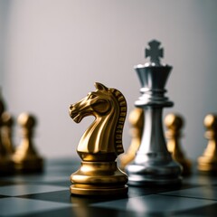 Chess Strategy: A close-up shot captures a moment of strategic brilliance, the gold knight poised for action, the silver king looking on, with other pieces creating a dynamic play