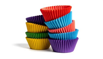 Colorful cupcake liners stacked on white background