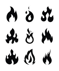 Black flame shapes and icons are drawn