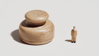 A light-brown wooden object stands in stark contrast to a tiny wooden figurine of a person, creating a captivating visual contrast against a neutral background.