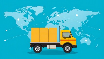Fototapeta premium Delivery truck with cargo boxes and world map background for global shipping 