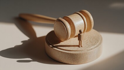 A light-filled close-up of a wooden gavel and a miniature figurine, emphasizing the concept of justice and authority.