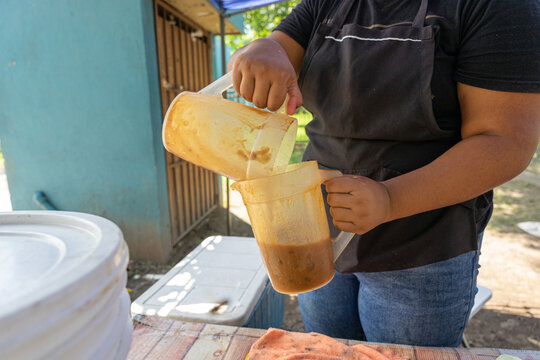 Tejuino, tesg&uuml;ino Mexican drink, is a fermented corn beverage native to Mexico that is consumed in regions of Jalisco, Colima, Nayarit and Oaxaca.  Guadalajara, Jalisco, Mexico, August 24, 2024.