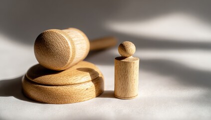 A light-toned wooden gavel rests on its stand, juxtaposed with a smaller wooden figure, evoking a sense of justice and balance.