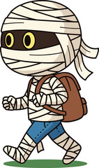 Obraz premium Cartoon mummy character with backpack, beige bandage costume, yellow eyes, blue pants, Halloween illustration, playful spooky design