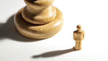 A light-brown wooden chess piece stands tall, casting a shadow, and juxtaposed with a tiny, wooden figure, highlighting the contrast in scale and power.