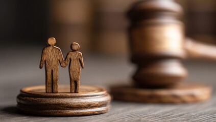 Wooden figurines of a couple holding hands, placed on a dark wooden stand, in front of a slightly blurred judges gavel.