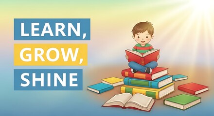 Cartoon illustration of a boy reading on a stack of books with learn grow shine text