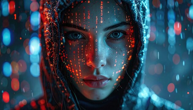 Futuristic portrait of a hooded figure illuminated by binary code and neon lights symbolizing cyber identity artificial intelligence data and technology driven society