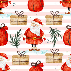 Watercolor santa claus Christmas holiday seamless pattern on pink stripes background.