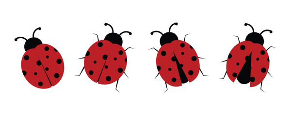 Set of Simple Red Ladybug Cute Cartoon Vector Icons. Flat Design Vector Elements on White Background