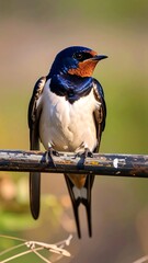 Close-up of a European swallow perched on a metal pipe