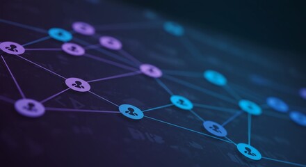 A blue and purple network with a number on it showing a software code repository visualization showing pull requests and contributions, stock photography style