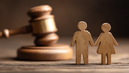 Wooden figures of a couple stand in front of a gavel, symbolizing a legal proceeding or family law case.