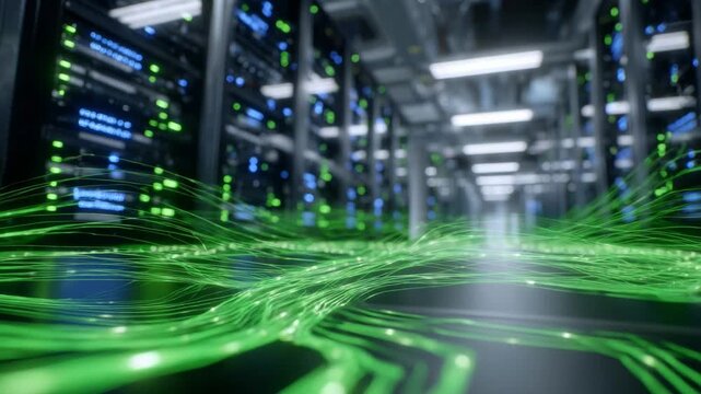 Explore a cutting-edge data center with interconnected server racks, vibrant green cables, and glowing LED lights, epitomizing digital connectivity.