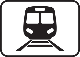 Black icon of a train front on railway tracks within a rounded rectangle railroad transportation