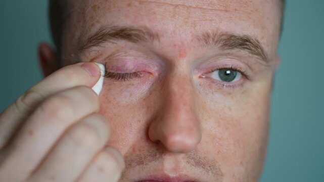Man applying ointment to infected eye