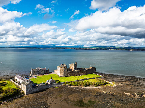 Blackness Castle over Forth Estuary from a drone, Blackness, Scotland