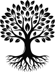 Obraz premium Tree of life silhouette, black vector illustration, symmetrical design, decorative roots, nature symbol, growth icon, botanical art, stock graphic