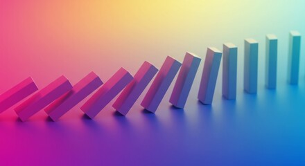 A colorful background with a line of colorful shapes showing chain reaction of dominoes falling in an abstract gradient, consequence and cause-effect